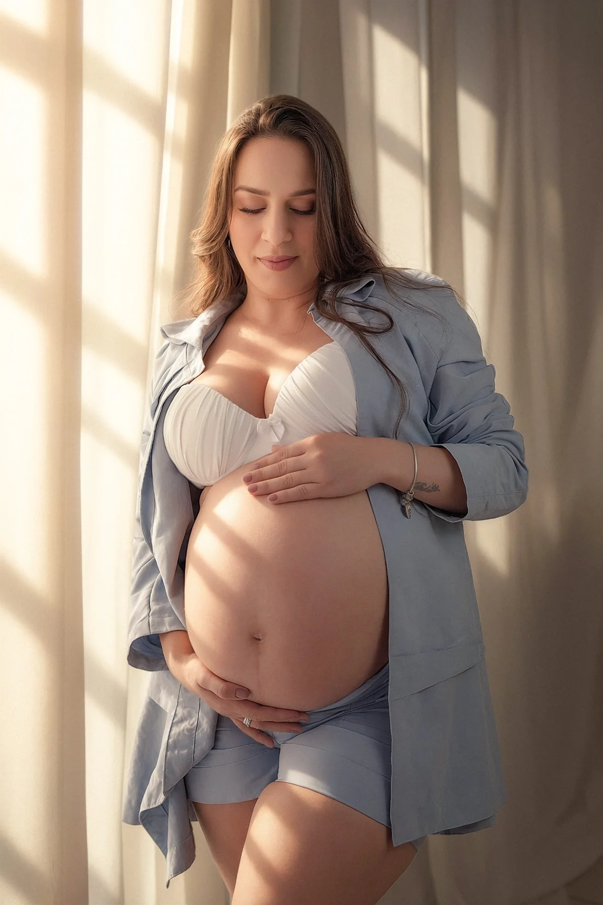 Gestante acariciando a barriga perto da janela